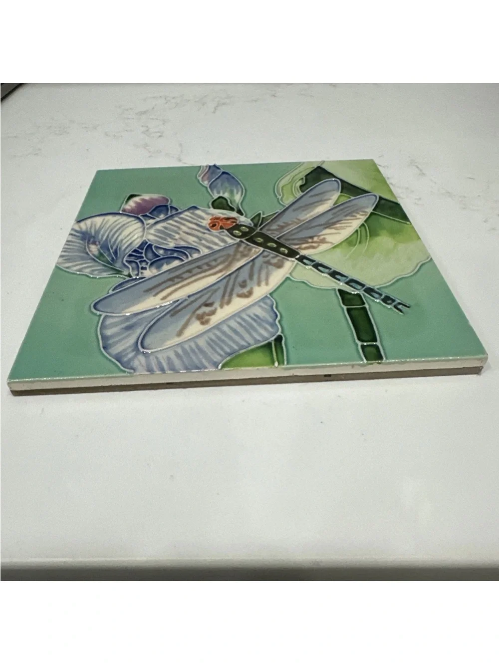 Ceramic Vintage Hand Painted Art Tile w/ Dragonfly Design Wall Hanging 8”x8”